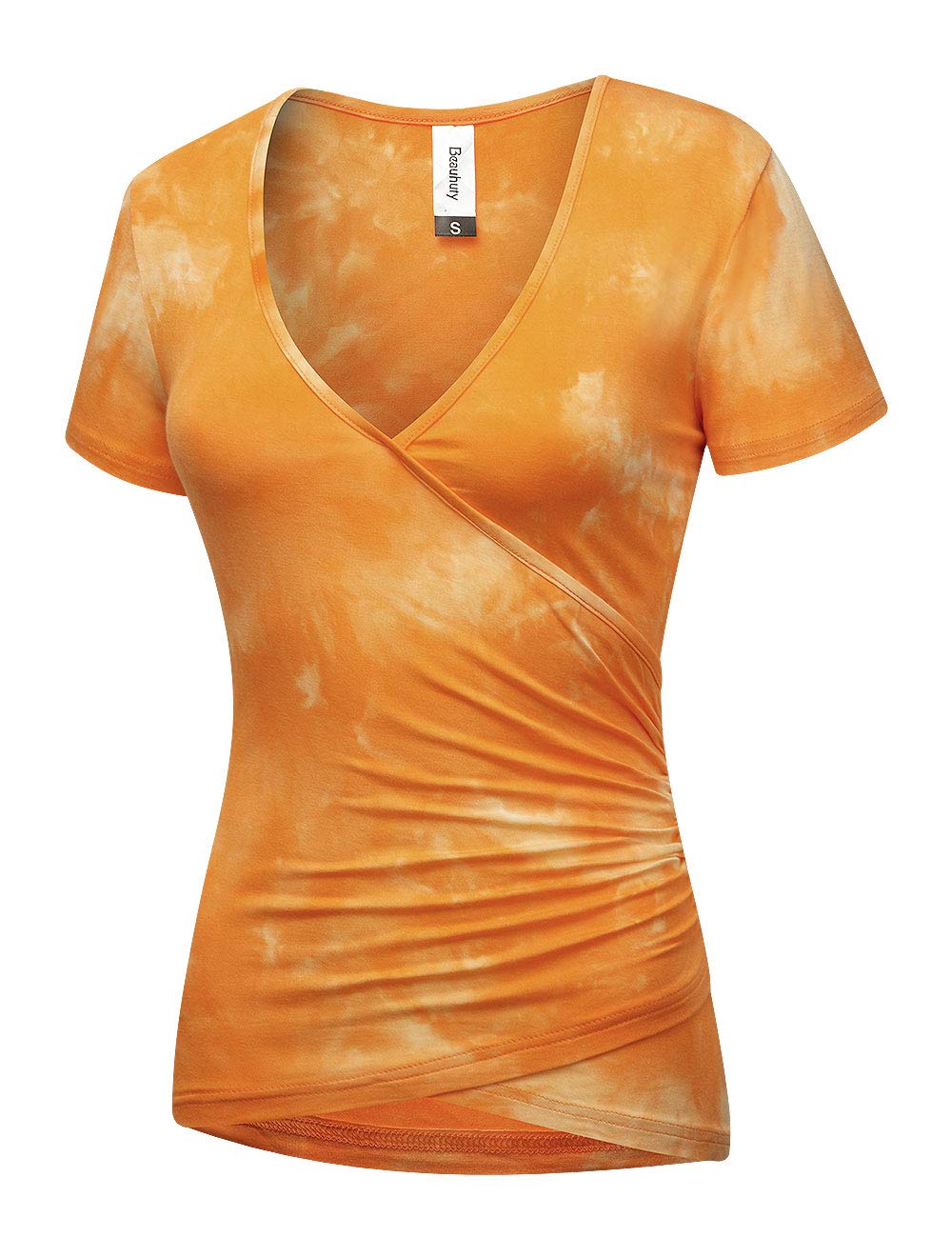 Beauhuty Women Tie Dye Tee Shirts Casual Soft Slim Fit Short Sleeves Deep V Neck Ruched Tops (S, Short-Tie Dyed Orange)