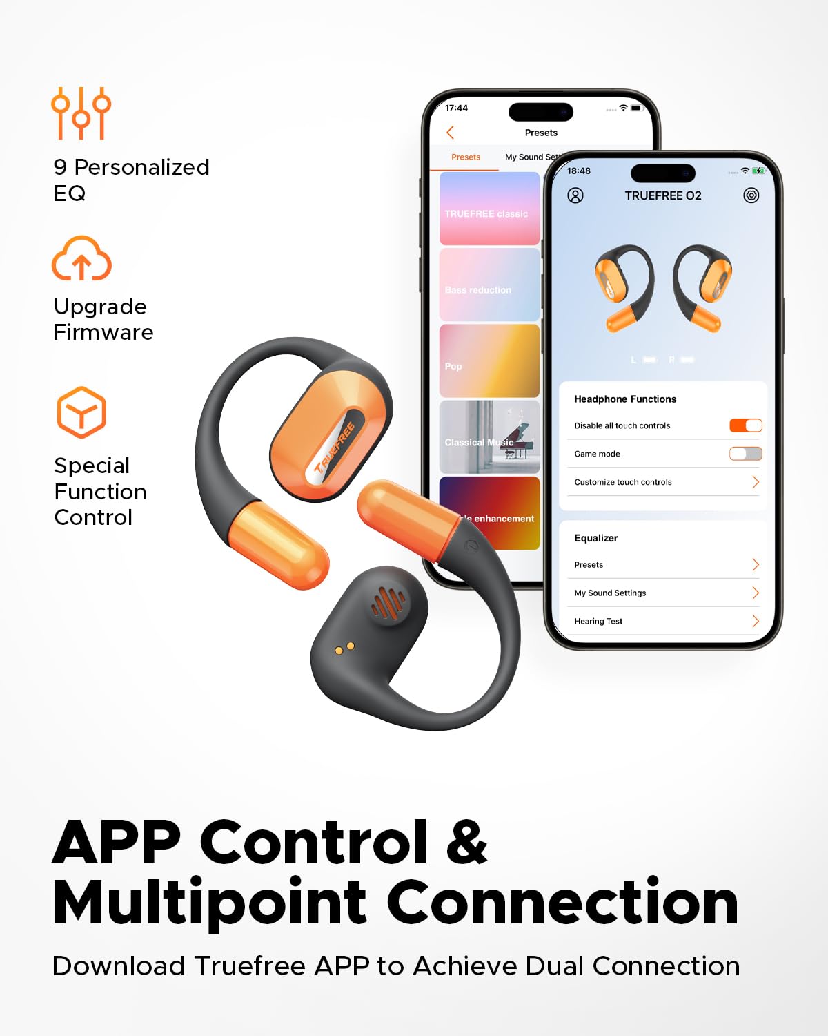 truefree O2 Open Ear Headphones with Directional Acoustics, Ultra-Light Weight, IPX5 Waterproof, 22H Playtime, Multipoint Connection, App Control, Bluetooth 5.3 Wireless Earbuds for Workouts