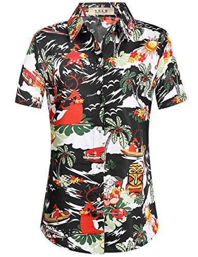 SSLR Womens Button Down Shirts Santa Claus Short Sleeve Blouse Hawaiian Christmas Shirts for Women (Medium, Light Blue)