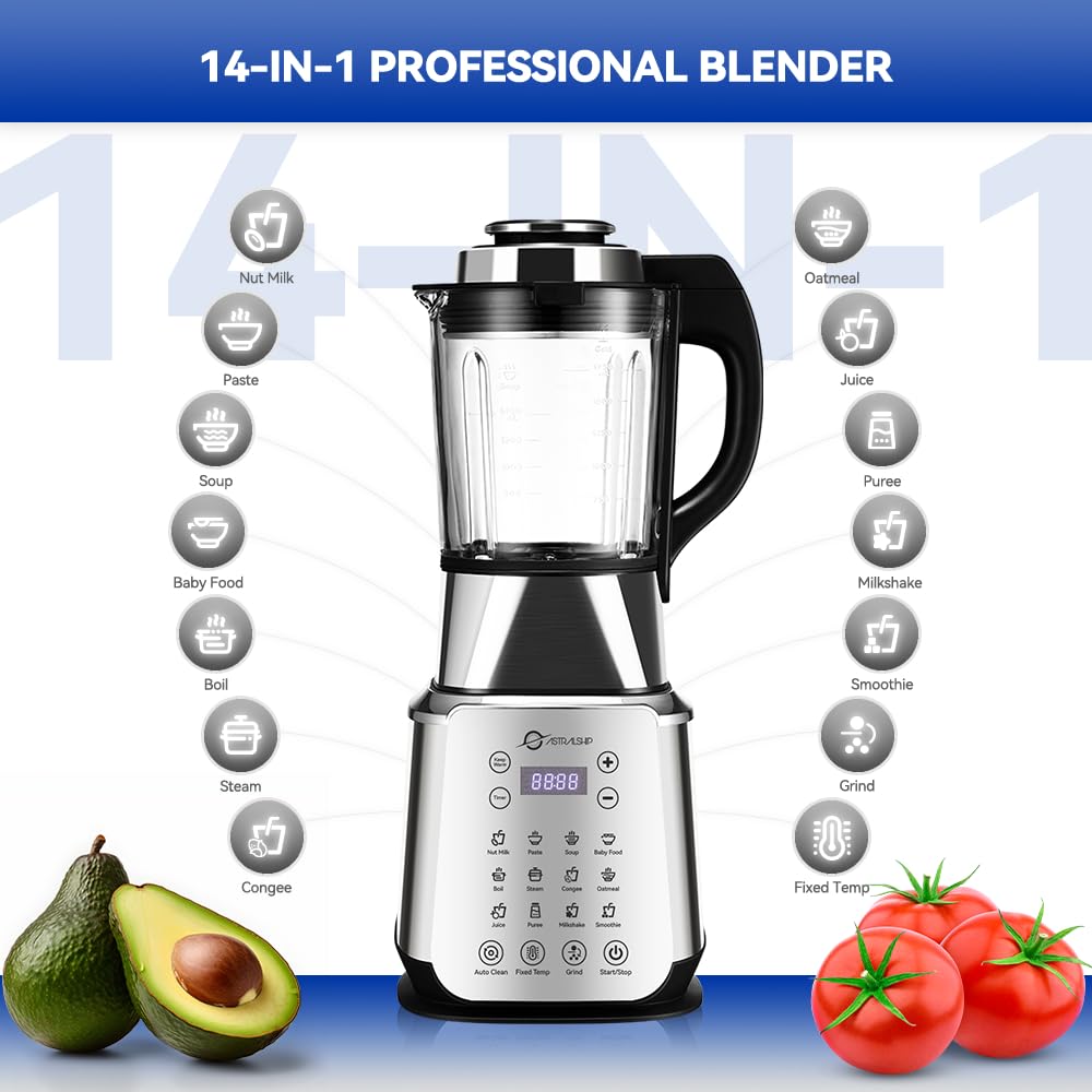 ASH01-S 1200W Stainless Steel Blender for kitchen with Heating 26000-60000RPM High Speed Food Processors, Glass jar blender with Keep Warm, Auto Clean, 14 Preset Functions for Nut Milk, Smoothies more