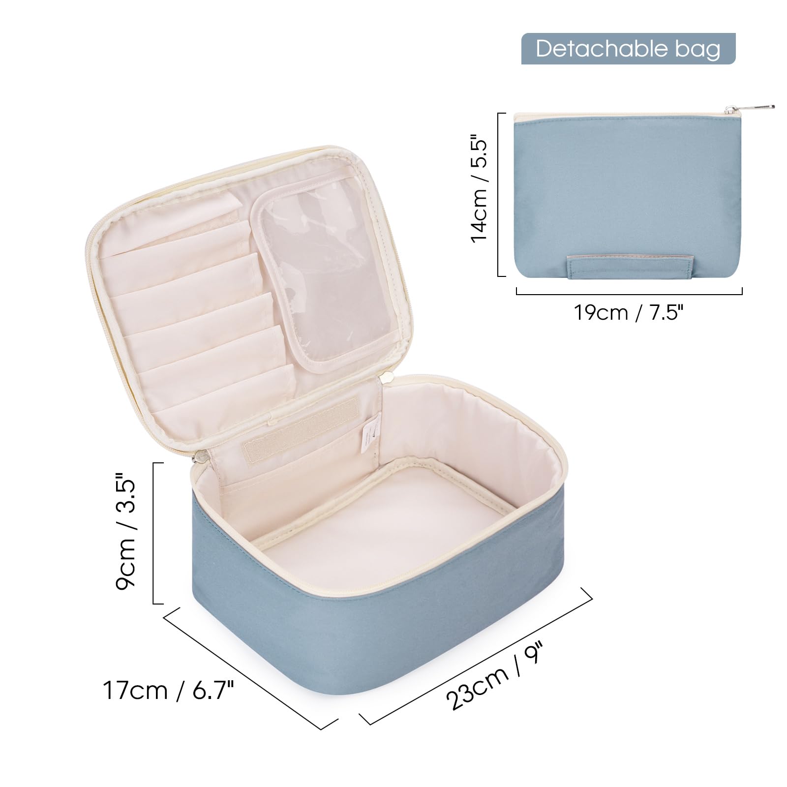 Narwey Travel Makeup Bag with Brush Compartments，Portable Cosmetic Bag，Make up Bag Makeup Organizer Case with Brush Storage for Women (Greyish Blue-1)