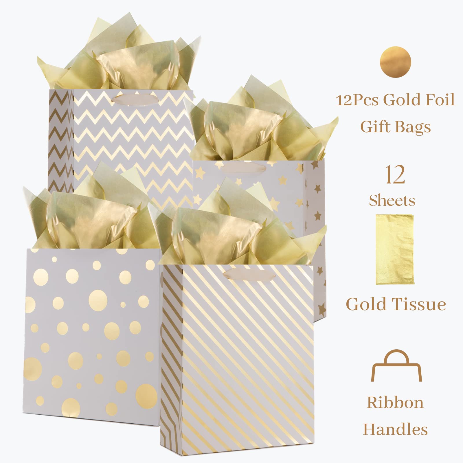 UNIQOOO 12Pcs Metallic Gold Christmas Gift Bags Bulk with 12 Sheets Gold Tissue Paper, Large 12.5 Inch, Assorted Modern Geometric Paper Gift Wrap Bag, For Holiday Birthday Wedding Gift Packaging Decor