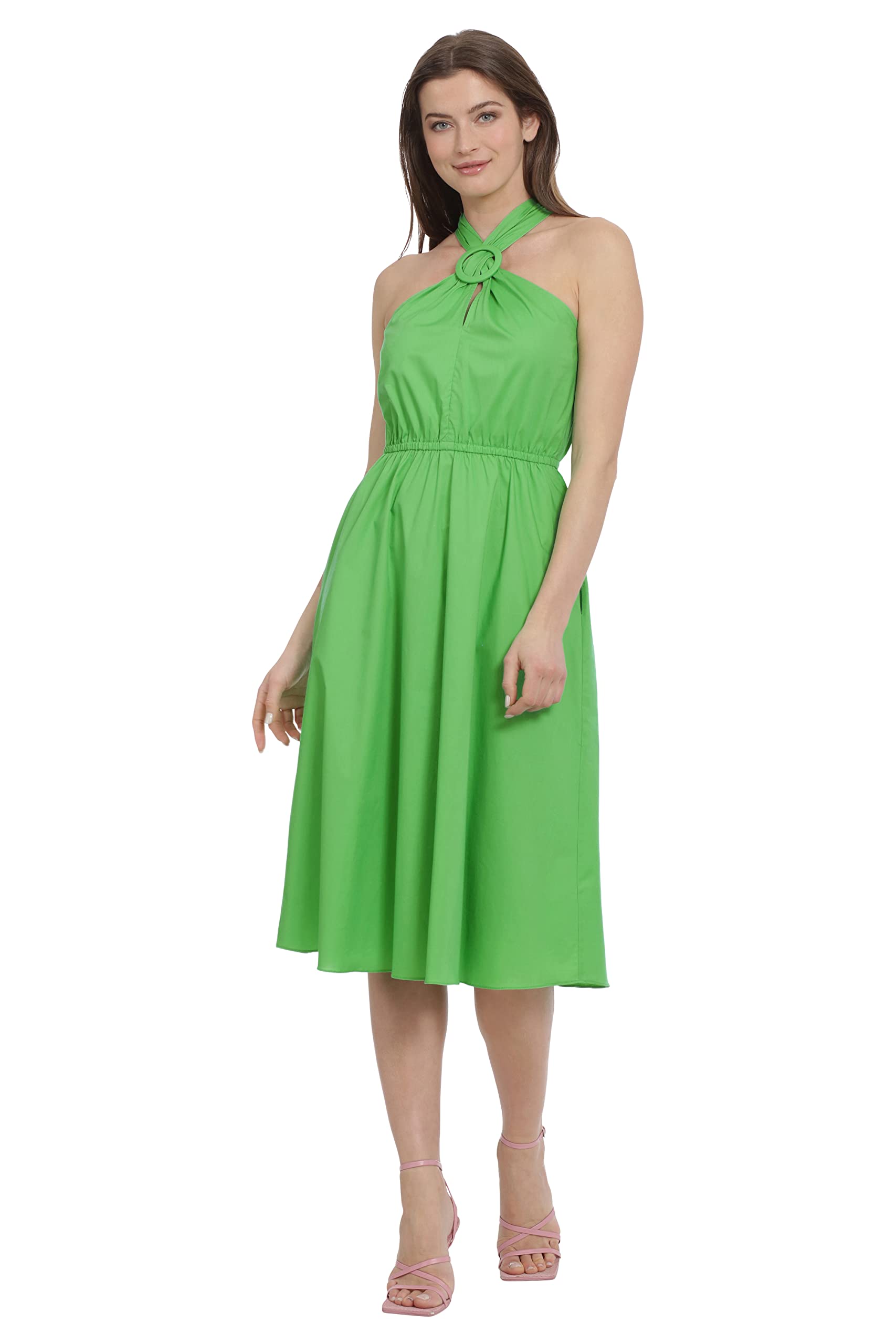 Maggy London Women's Halter Neck with Circle Trim Detail Cotton Poplin Dress Party Occasion Date Guest of, Vibrant Green, 12