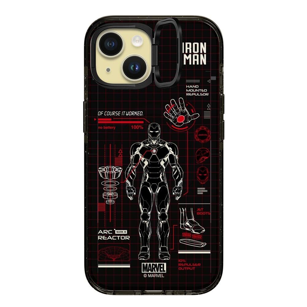 CASETiFY Impact Ring Stand iPhone 15 Case [Iron Man Co-Lab / 3X Military Grade Drop Tested / 6.6ft Drop Protection/Compatible with Magsafe] - Iron Man Blue Print Tech - Red - Clear Black