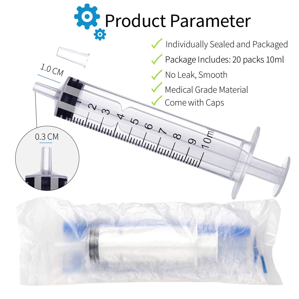 10ml Syringe 20-Pack Plastic 10ml Syringes with Luer Slip Tip, Individually Sterile Sealed, No Needle (10ML)