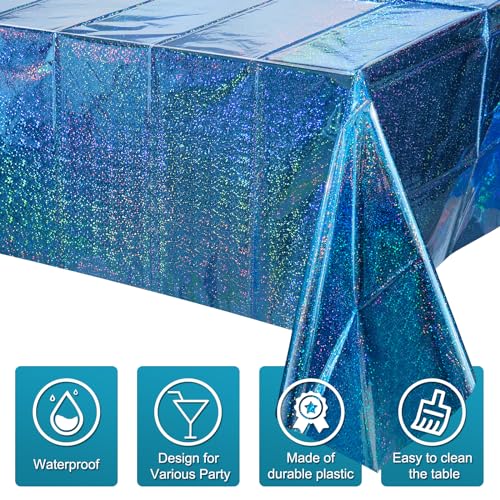 3 Pack Iridescent Blue Plastic Tablecloth, FunnyPars Shiny Disposable Laser Rectangle Table Cover, Holographic Foil Tablecloth Iridescent Party Decorations for Birthday Wedding Ocean Theme, 54x108Inch