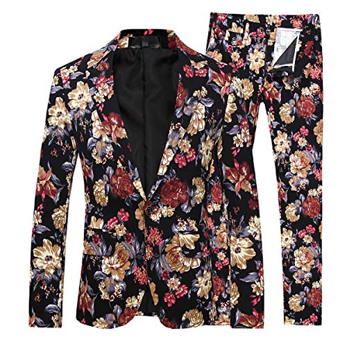 Mens 2 Piece Suit Notched Lapel Floral 1 Button Slim Fit Prom Tweed Suit (K1, X-Small)