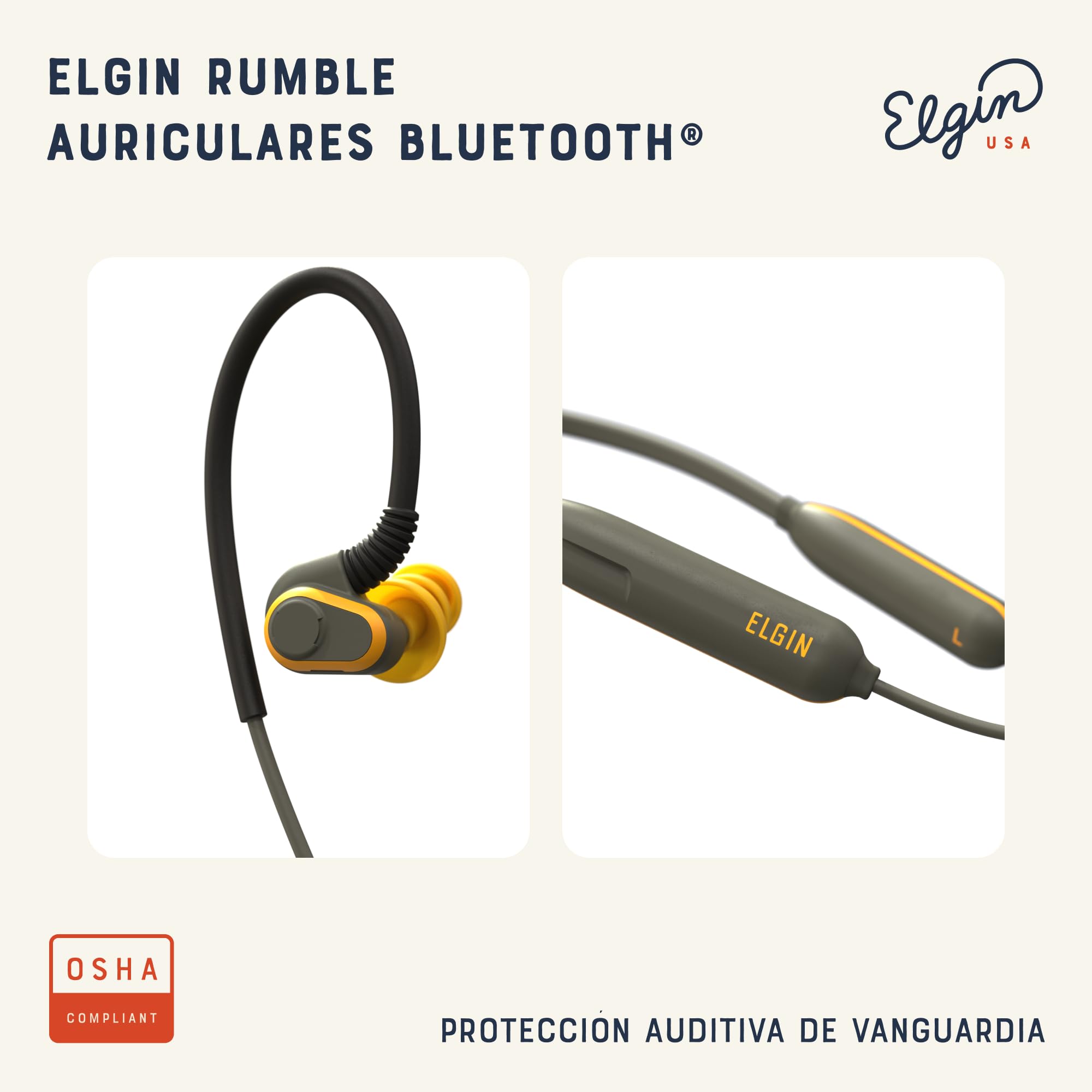 Elgin Rumble Bluetooth Earplug Earbuds, 27 dB Noise Reduction Wireless Headphones with Noise Cancelling Mic, 20 Hour Battery Life, IP67 Waterproof, OSHA Compliant Hearing Protection for Work