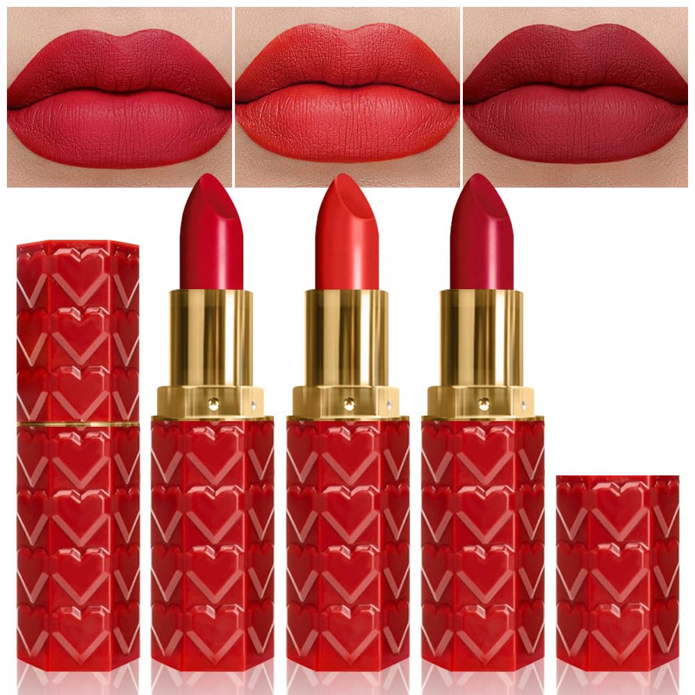 evpct 3Pcs Dark Deep Light Bright Ruby Red Matte Lipstick Set for Women Red Matte Silky Velvet Listick Waterproof Long Lasting Smudge Proof 24 hour Lip Stain Makeup matte lipstick 24 hours original 5