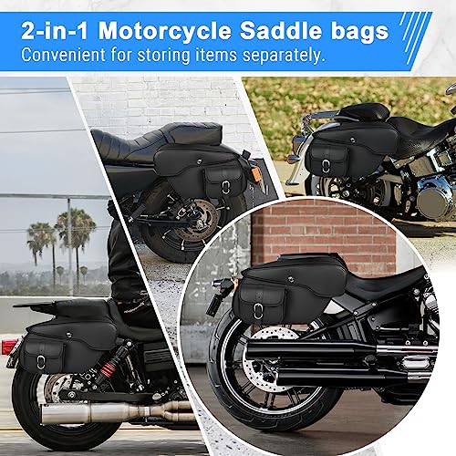 OXMART Motorcycle Saddlebags, Large Capacity Saddle Bags, Waterproof PU Leather Side Bags with White Stitching Quick-release PU Universal for Sportster Shadow Softail Dyna V-star-Upgrade Style