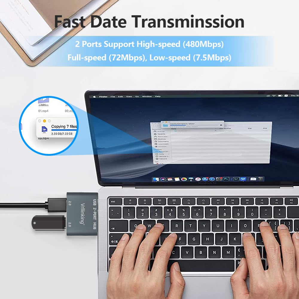 Vrllinking USB Hub, 2 Ports USB 2.0 Hub for Laptop, 2 Ports USB Splitter USB Expander for iMac Pro,MacBook Air, Mac Mini/Pro,Windows/Notebook PC,Printer,Flash Drive,Mobile HDD,Data and Charging