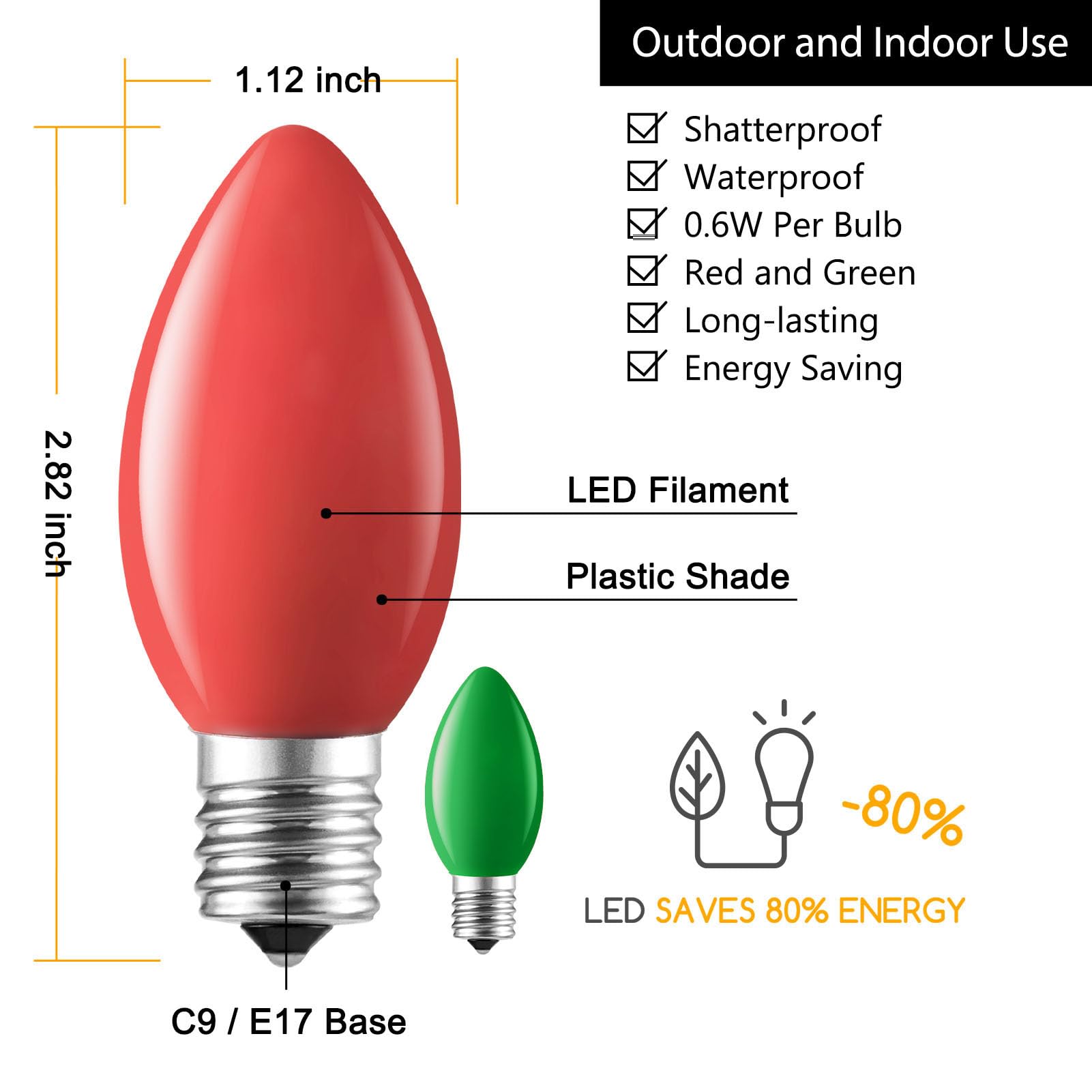 Brightown 25 Pack Red and Green C9 LED Christmas Light Bulbs,Colored Plastic C9 Shatterproof LED Bulbs Replacement for Christmas String Lights, E17 Intermediate Base, Commercial Dimmable Bulbs