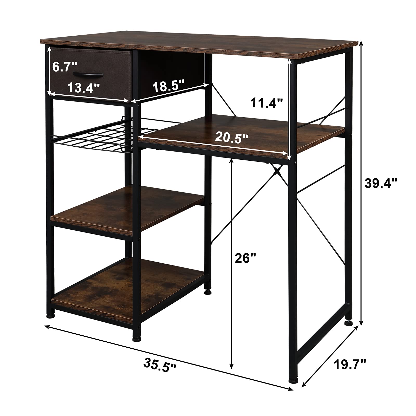 VINGLI Bakers Racks for Kitchens with Storage Mini Fridge Stand Bar Cabinet with Mini Fridge Space, Big Drawer, Wine Rack, Metal Frame Industrial Workstation Microwave Oven Stand 4-Tiers