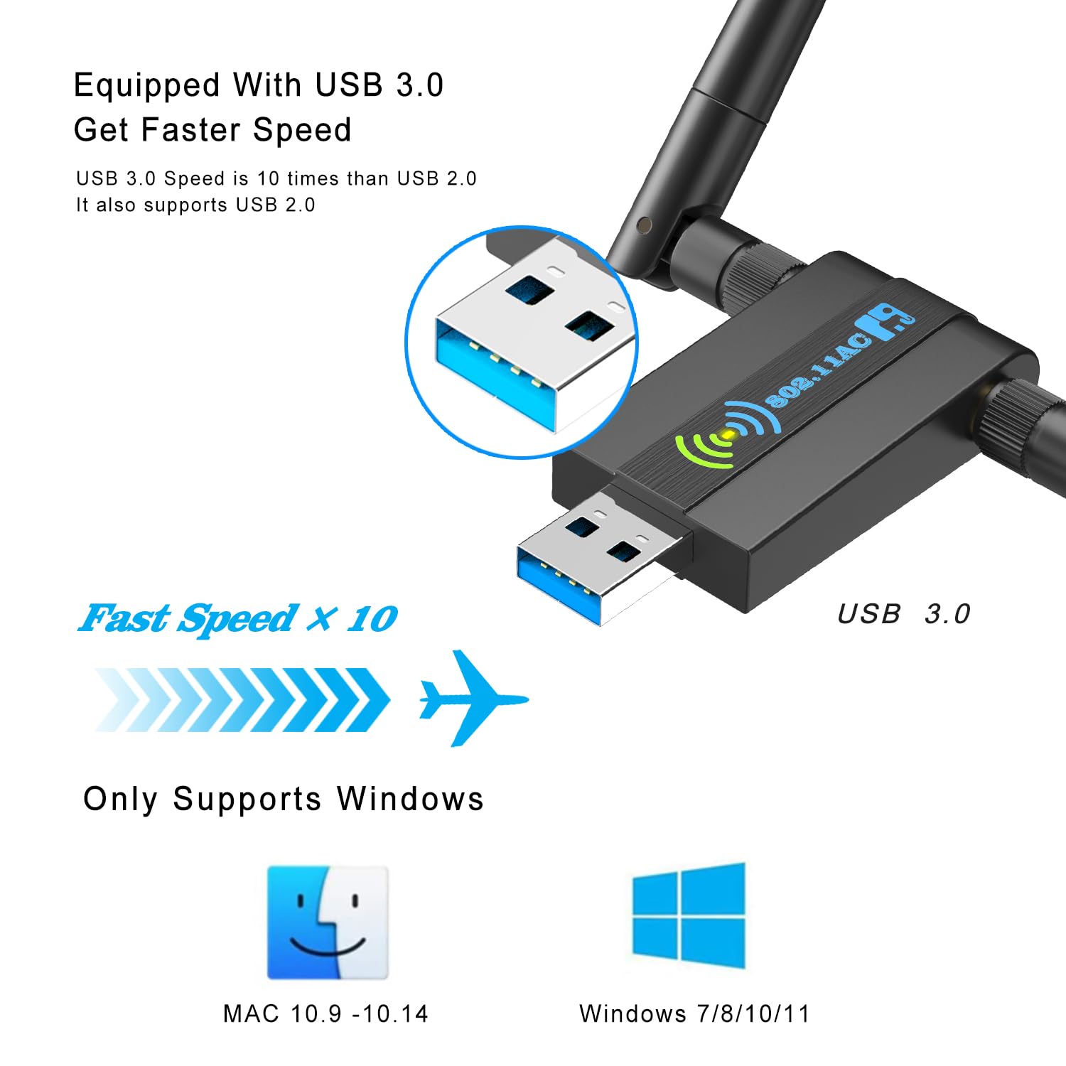 Wireless USB WiFi Adapter for PC: 1300Mbps WiFi USB, 802.11AC WiFi Adapter for Desktop PC, Dual Band WiFi Dongle Wireless Adapter for Windows11/10/8/7/Vista/XP, USB Computer Network Adapters
