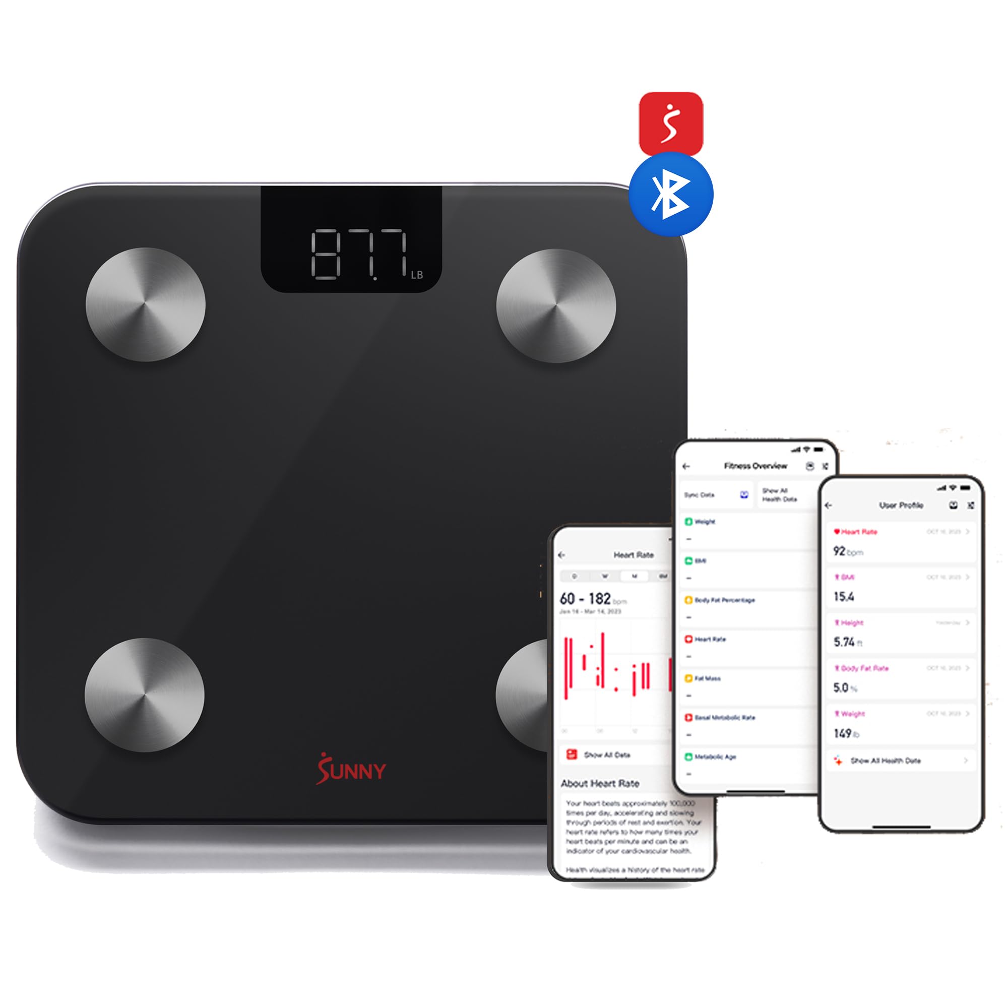 Sunny Health & Fitness 20 Metric Advanced Body Fat Composition BMI Scale with Health Tracker & Analyzer App - SMART Bathroom Scale for Body Weight, Metabolic Age, BMR, Fat Mass and More – SF-WS022063