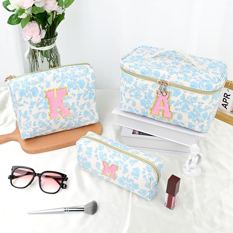 DOSUKE 3 PCS Travel Makeup Bag Set, A-Z Initials Cotton Make up Bag Floral Quilted Cosmetic Bag for Girls and Women, Personalized Cute Toiletry Bag Travel Accessories Brushes Bag Blue - A