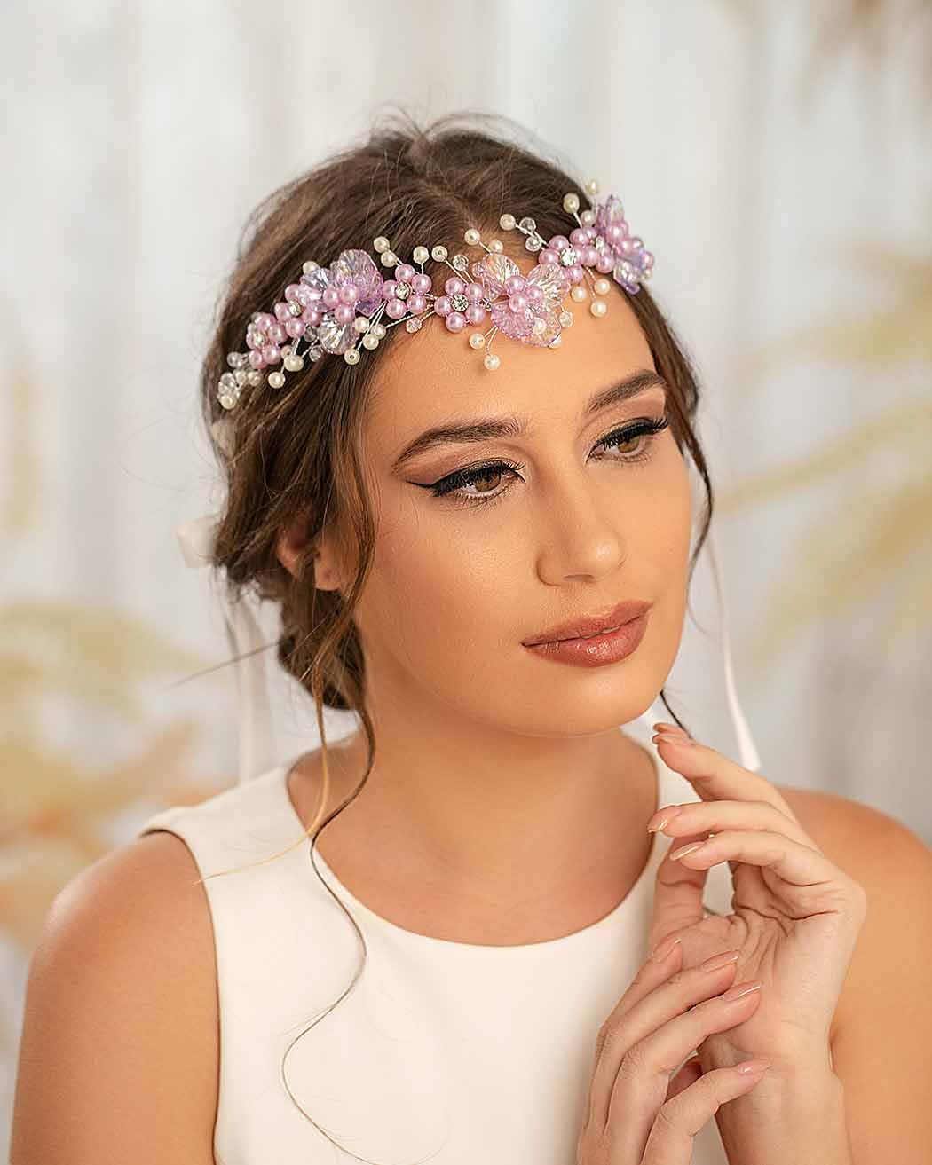 Campsis Fairy Headband Purple Elf Crystal Crown Flower Elven Tiaras V-Shape Bride Hair Accessories Halloween Cosplay Costume Headwear for Women