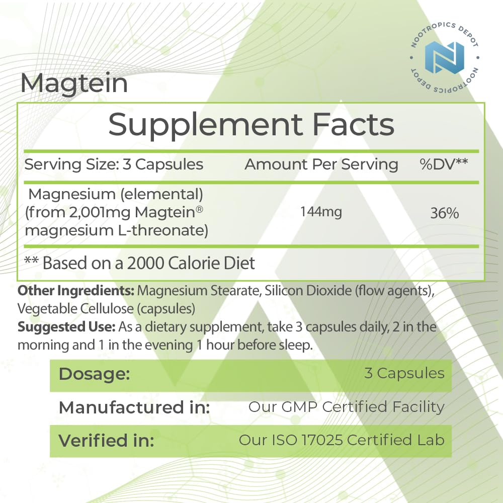 Nootropics Depot Magtein Magnesium L-Threonate Capsules | 90 Count | Mineral Supplement | Natural | Supports Mitochondrial Function | Boosts Energy and Cognitive Function