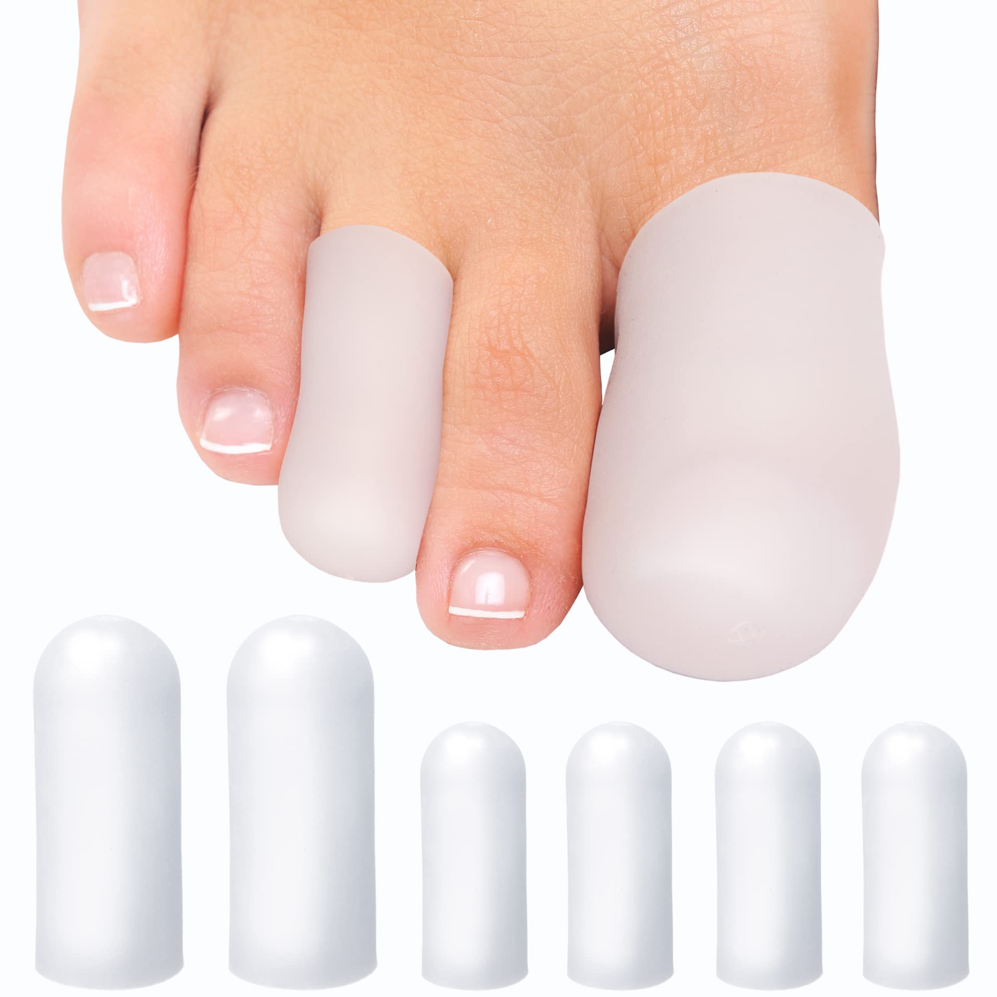 Homergy Soft Gel Toe Caps with Healing Coconut Oil - 6 Reusable Small & Big Toe Protectors for Ingrown or Missing Toenails, Corns, Calluses & Blister Relief