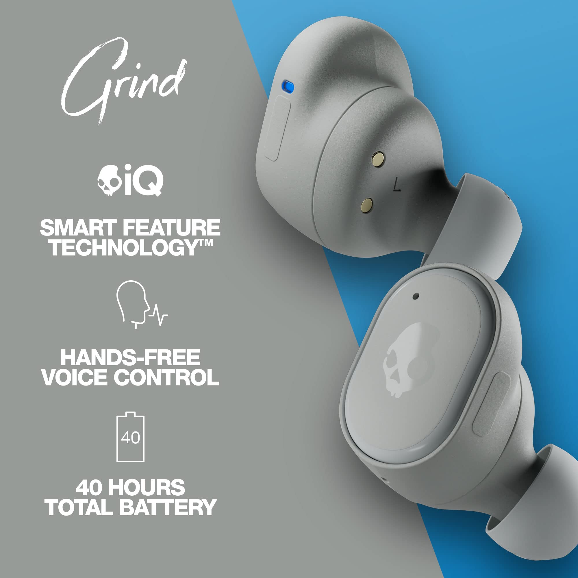 Skullcandy Grind In-Ear Wireless Earbuds, 40 Hr Battery, Skull-iQ, Alexa Enabled, Microphone, Works with iPhone Android and Bluetooth Devices - Light Grey/Blue