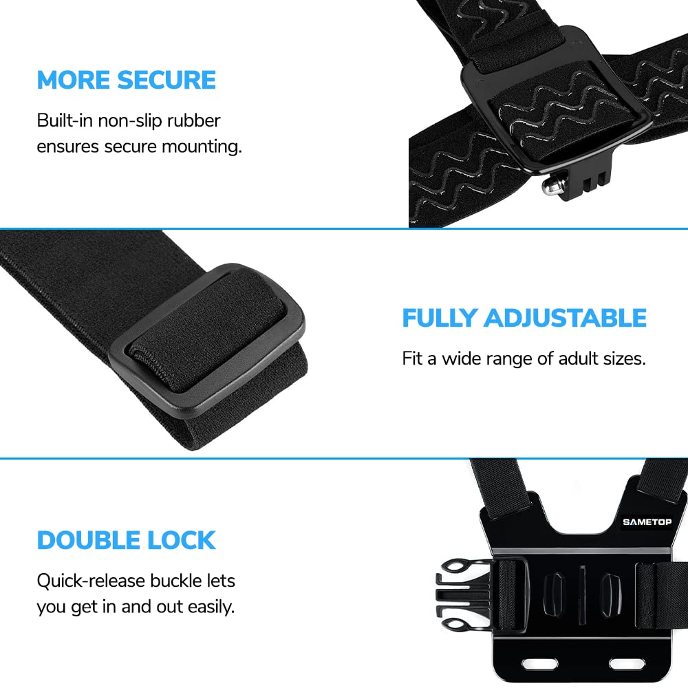 Sametop Head Mount Strap Chest Mount Harness Chesty Kit Compatible with GoPro Hero 13, 12, 11, 10, 9, 8, 7, 6, 5, 4, Session, 3+, 3, 2, 1, Hero (2018), Fusion, Max, DJI Osmo Action Cameras