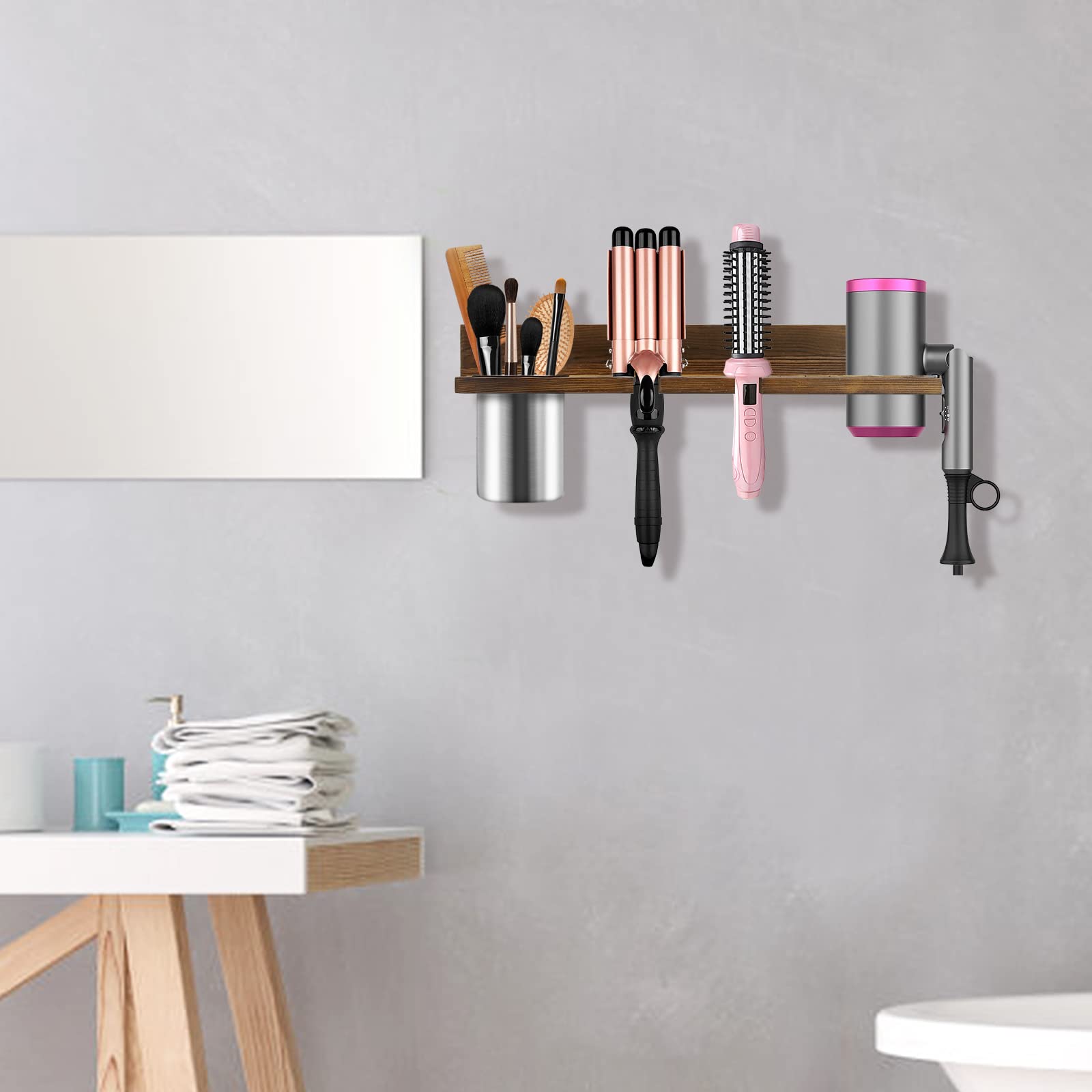 seashpea Hair Tool Organizer Wall Mounted - Wooden Dryer Holder, Blow Dryer Holder for Bathroom, Rustic Styling Tools Organizer for Flat Iron, Curling Wand, Hair Straighteners, Brushes, Brown