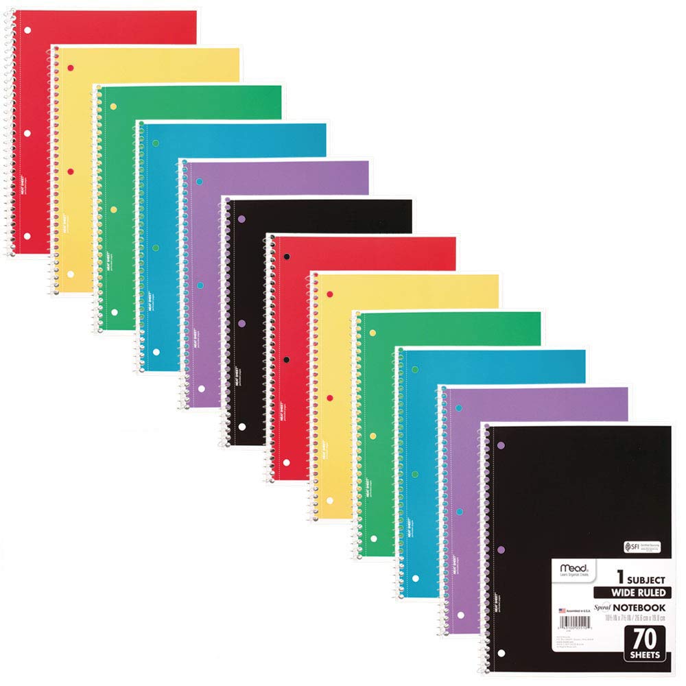 Mead Spiral Notebooks, 12 Pack, 1-Subject, Wide Ruled Paper, 10-1/2" x 8", 70 Sheets per Notebook, Color Will Vary (73699)