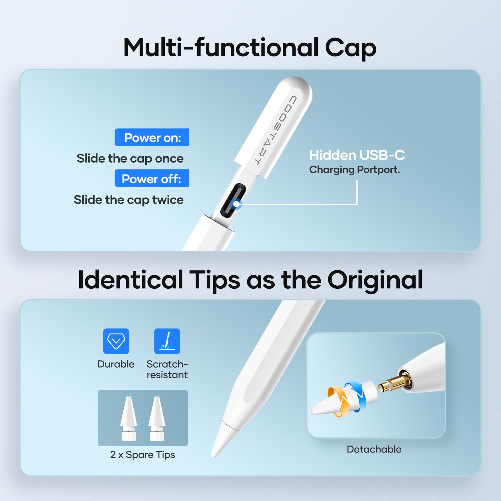 Stylus Pen for iPad 9th&10th Generation, 5 Mins Ultra Fast Charging Active Pencil Compatible with 2018-2023 Apple iPad Air 3/4/5, iPad 6/7/8/9/10, iPad Mini 5/6, iPad Pro 11"/12.9", White