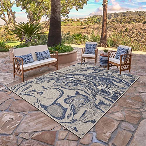 LR Home Ox Bay Seamas Abstract Oasis Indoor/Outdoor Accent Rug, White/Blue, 1'10" x 3'0"