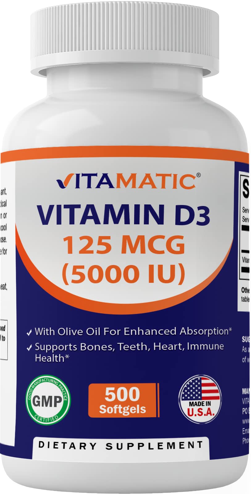 Vitamatic Vitamin D3 5000 IU (125 mcg) - 500 Softgels (Olive Oil Based) - 500 Days Supply - for Healthy Muscle Function, and Immune Support, Non-GMO, Gluten Free in Cold-Pressed Mini Softgels