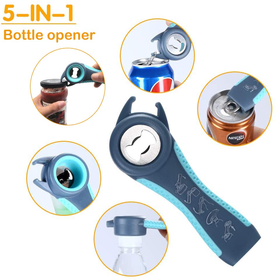 Otstar Latest Jar Opener for Seniors with Arthritis, Weak Hands, 5 in 1 Bottle Opener Tool with Rubber Jar Gripper Pad and Corkscrew Wine Opener