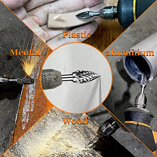 Carbide Burr Set, Die Grinder Bits, 10 PCS 1/8" Shank Double Cut Tungsten Carbide Rotary Burrs Set Compatible with Dremel Bits for Metal Wood Carving Engraving Polishing