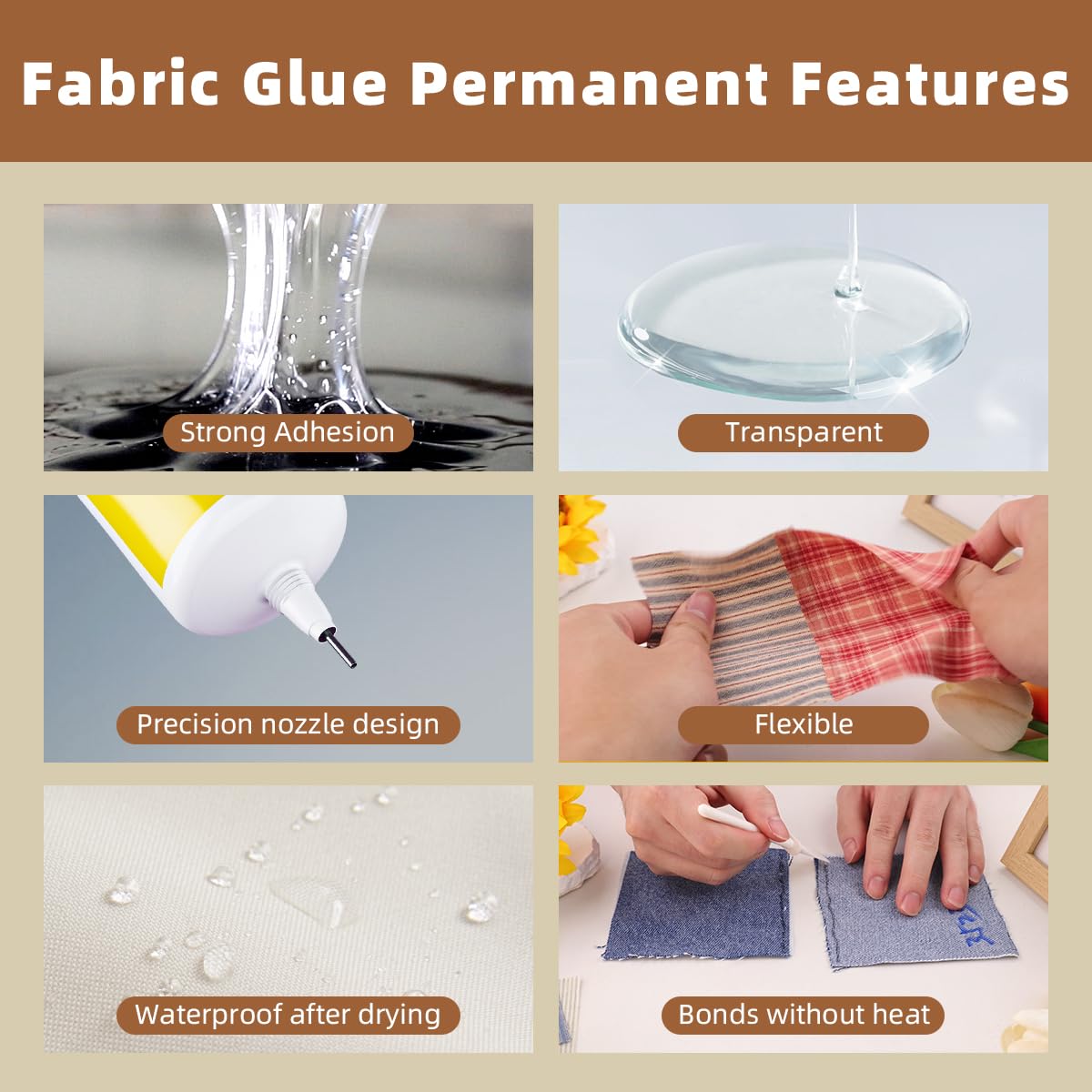 FOOGWEE Fabric Glue Permanent - 60ml Sewing Glue for Clothing Permanent Washable, Liquid Fabric Stitch Glue for All Leather, Fabrics, Denim, Flannel, Cotton, Doll, Polyester Repair and More…