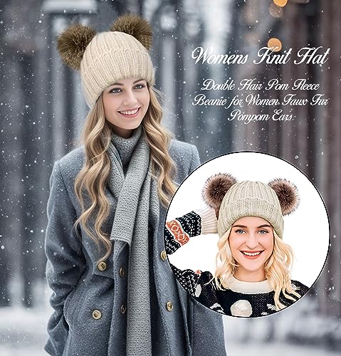 Arctic Paw Women Knit Beanie Cable Knit Beanie Hat Faux Fur Pompom Beanie with Ears Red
