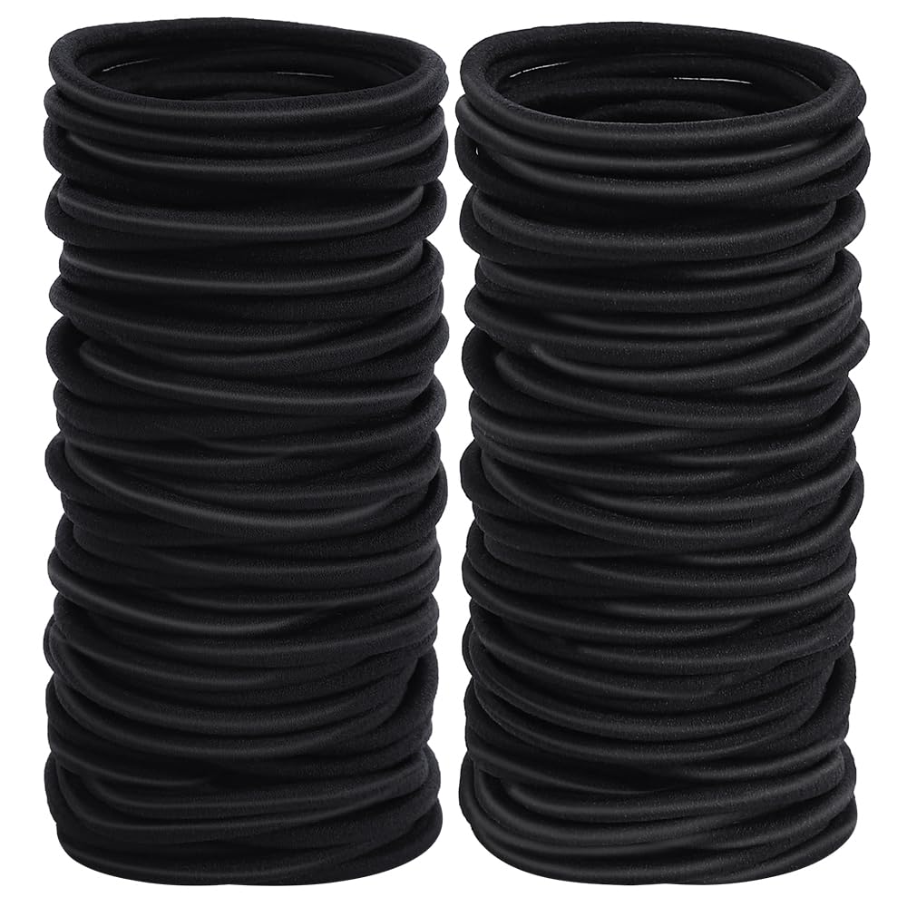 Sderoq 100pcs Womens Elastics Hair Tie, 4MM Black Ponytail Holders Hair Bands, 2 Inch in Diameter Elastic Band for Medium to Thick Hair (4mm Black)