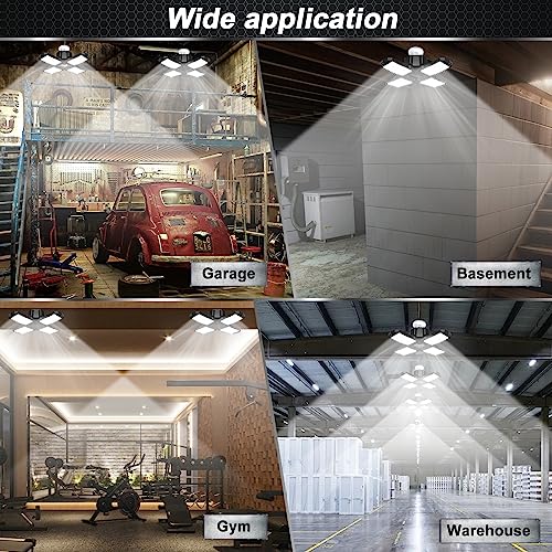LED Garage Light, 150W 15000LM 6500K LED Shop Lights, Garage Lights Ceiling Led with 4 Deformable Panels, Screw in E26/E27 Socket LED Bulbs for Warehouse, Basement, Attic, Barn, High Bay Lighting