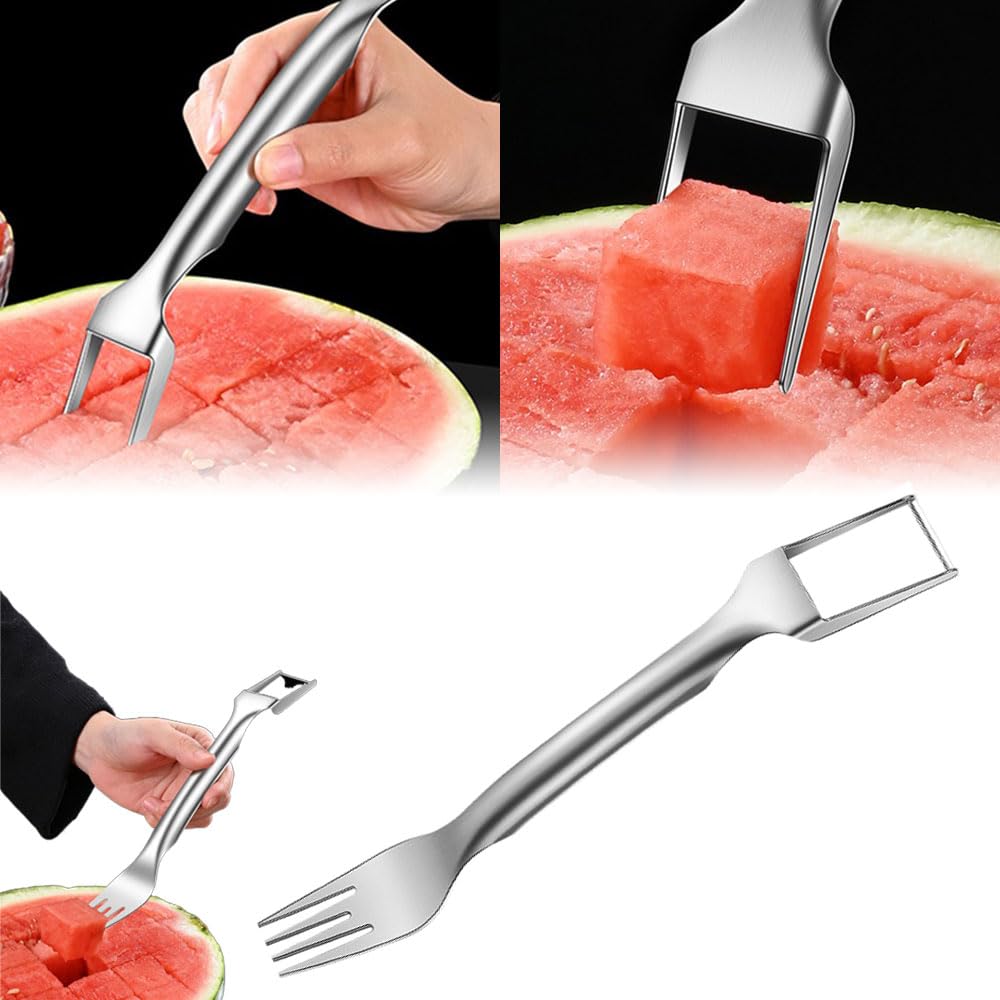 2-In-1 Stainless Steel Fruit Cutter, 2024 New Portable Watermelon Cutter Slicer Tool Melon Cube Cutter, Watermelon Windmill Fork Slicer Cutter for Summer Family Party Camping (1 Pc)