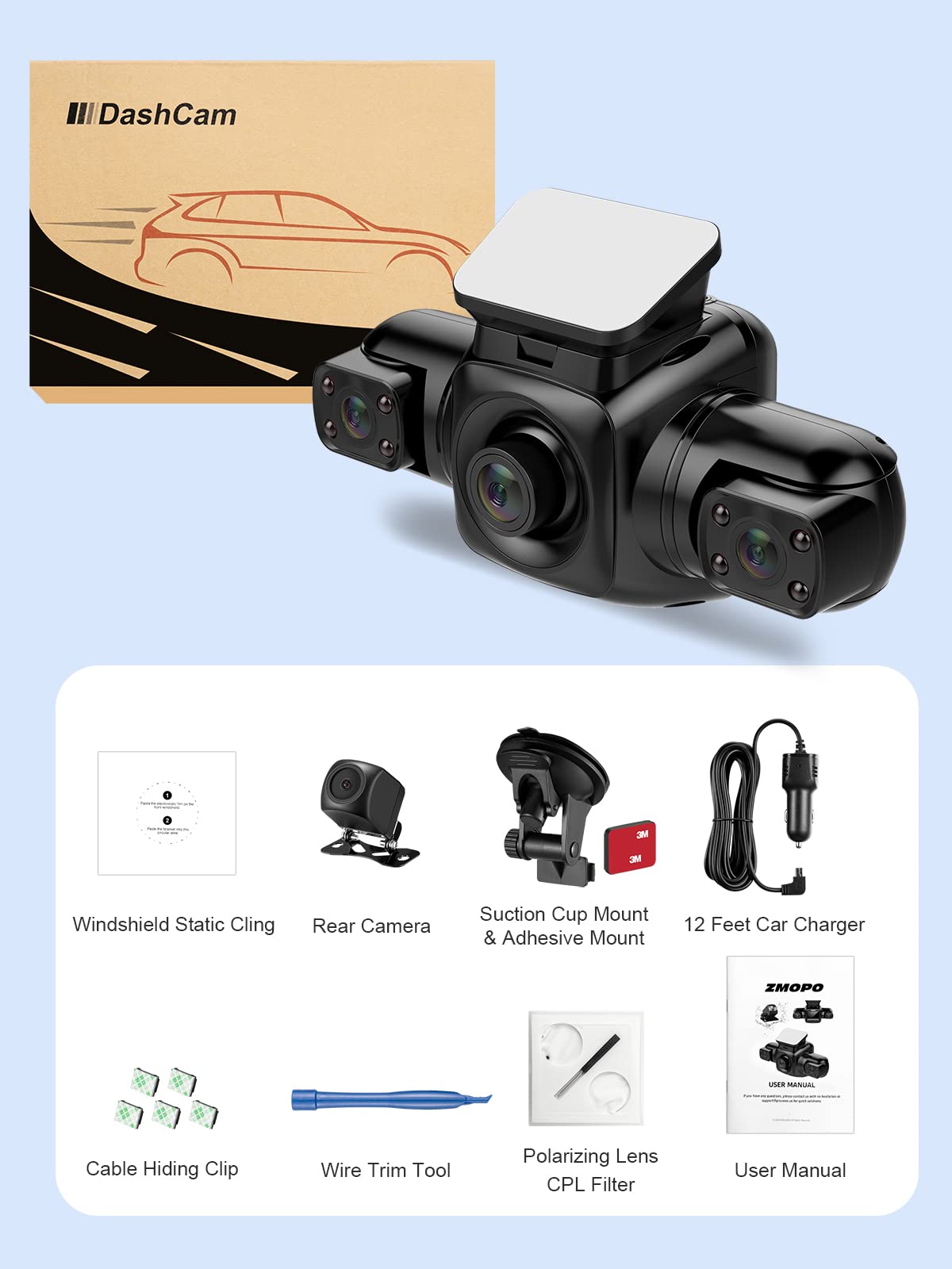 4 Channel Dash Cam Front and Rear Inside Left Right FHD 1080P Dash Camera for Cars, 360 View Parking Monitoring Mode, Built-in WiFi, Free 64GB Card