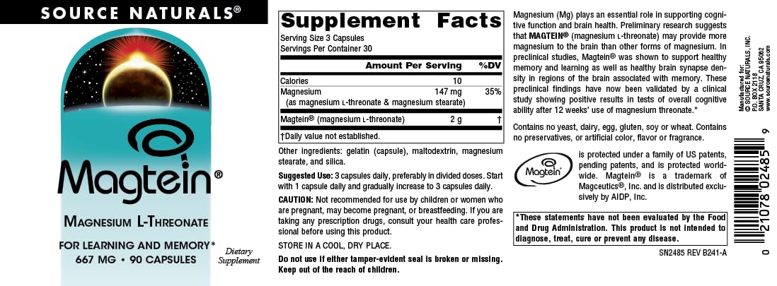 Source Naturals Magtein Magnesium L-Threonate 667mg Supports Focus, Mood, Healthy Memory, Cognitive Function, Sleep* - 90 Capsules