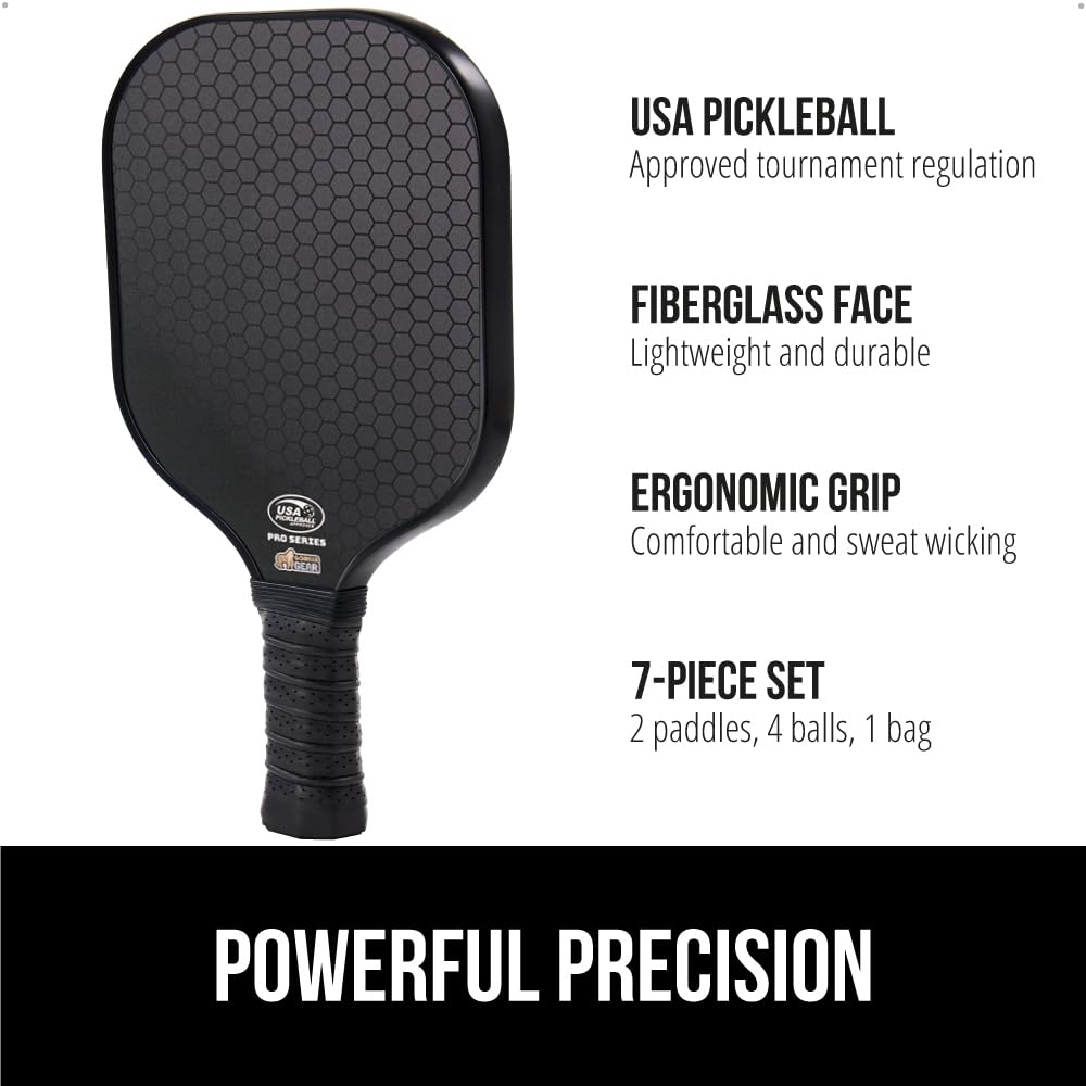 Gorilla Gear USAPA Pickleball Approved Paddle, Fiberglass Shock Absorbent Racket with Ergonomic Grip, Indoor Outdoor Pickle Ball Court Sports Accessories, Set of 2 Paddles 4 Balls and 1 Bag, Black