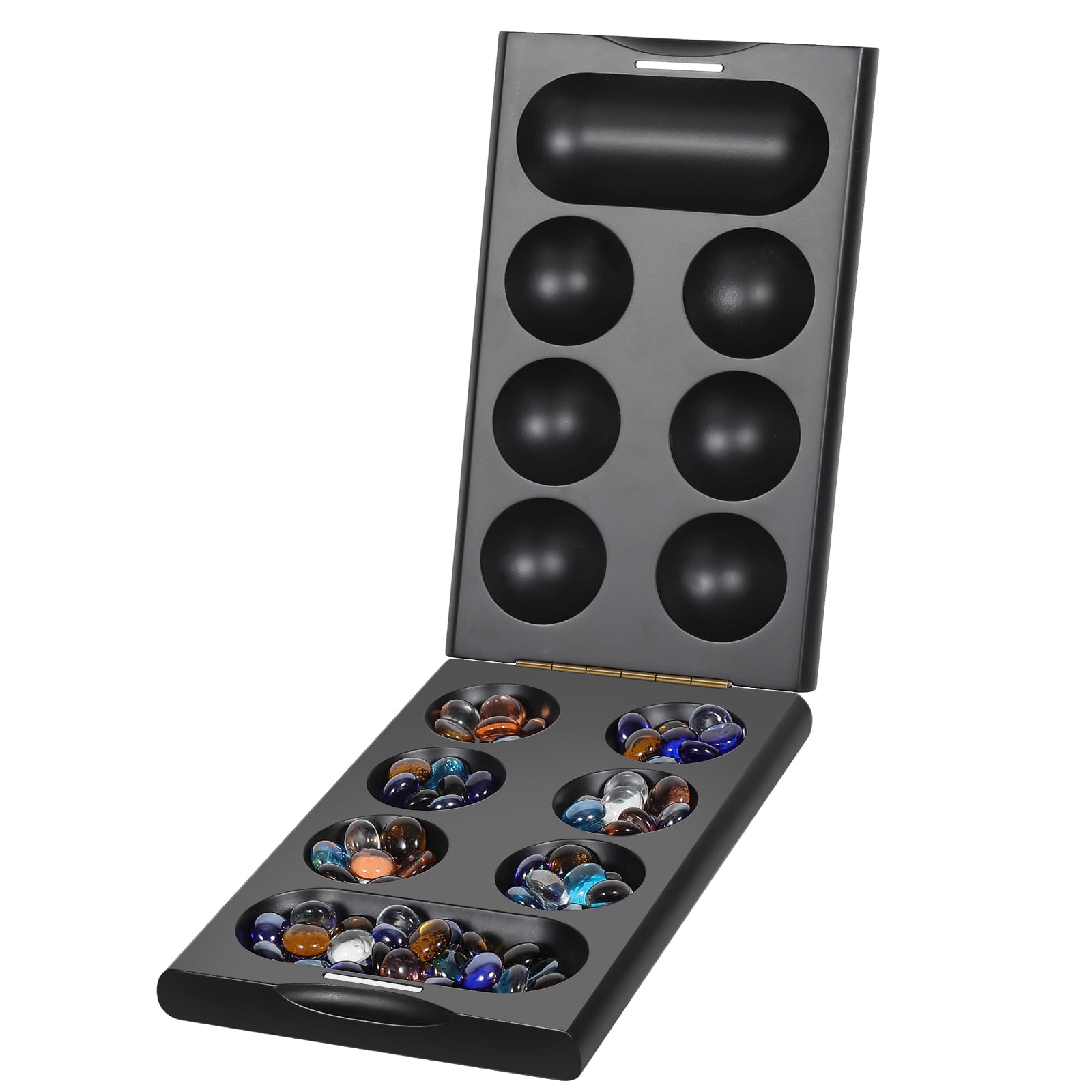 ELONGDI Wooden Mancala Board Game Set with 48 + 24 Multicolor Glass Stones Portable Folding Board for 2 Players Classic Travel Games for Adults and Kids（Unfolds Size：8.8 inches）