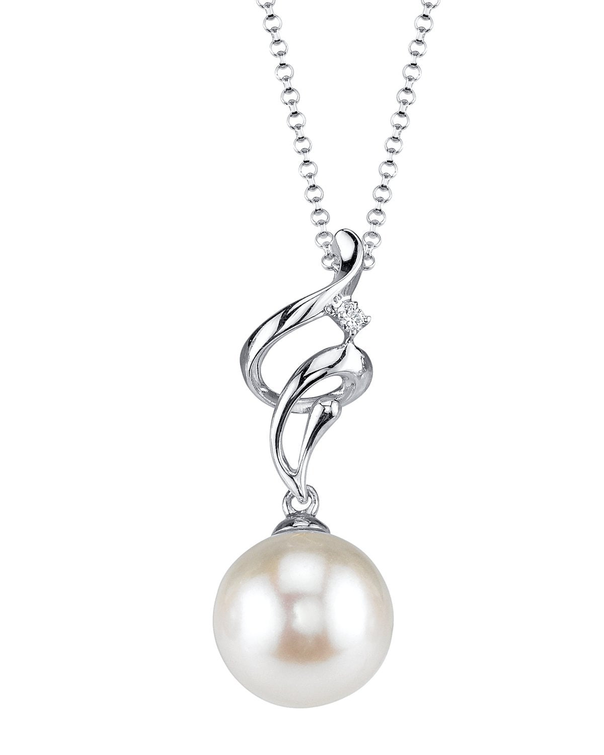 The Pearl Source 14K Gold 9.5-10mm AAA Quality Round White Akoya Cultured Pearl & Diamond Aria Pendant Necklace for Women