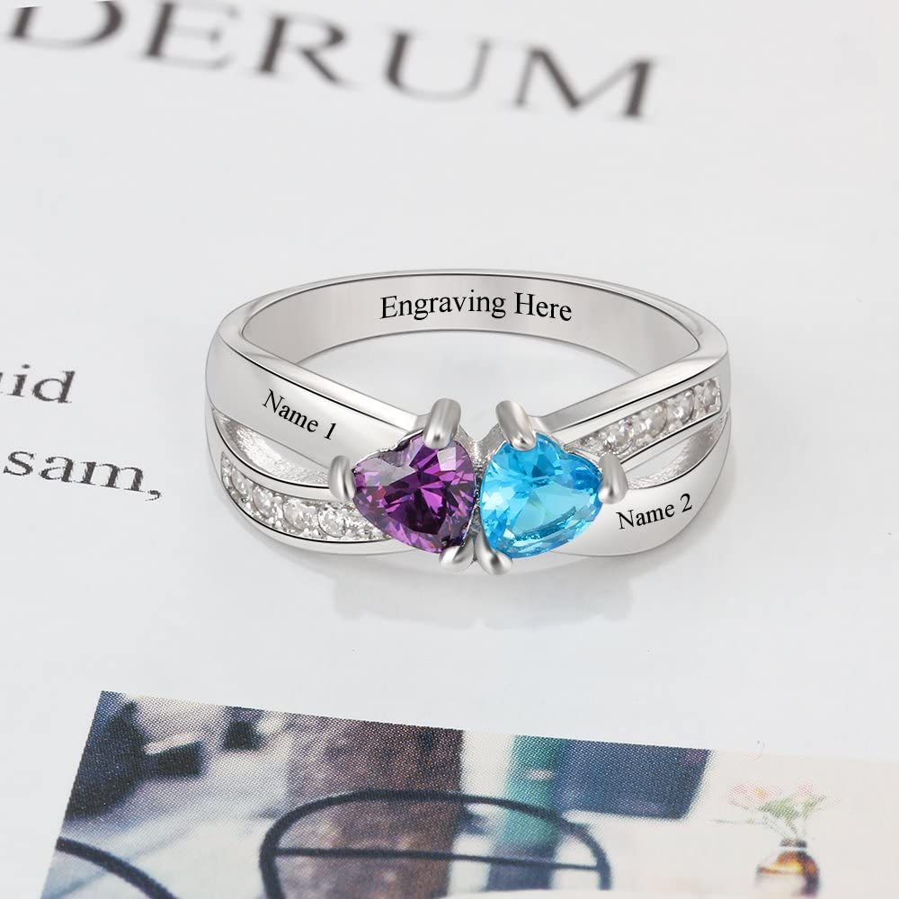 Personalized 2 Simulated Birthstone Rings for Women Mothers Ring with Names Custom Promise Rings for Women