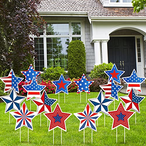 4th of July Yard Signs Patriotic Stars Yard Sign Independence Day Outdoor Pathway Decoration with Stakes Waterproof Corrugated Star Lawn Signs Independence Day Party Supplies, 8 Styles (8 Pieces)