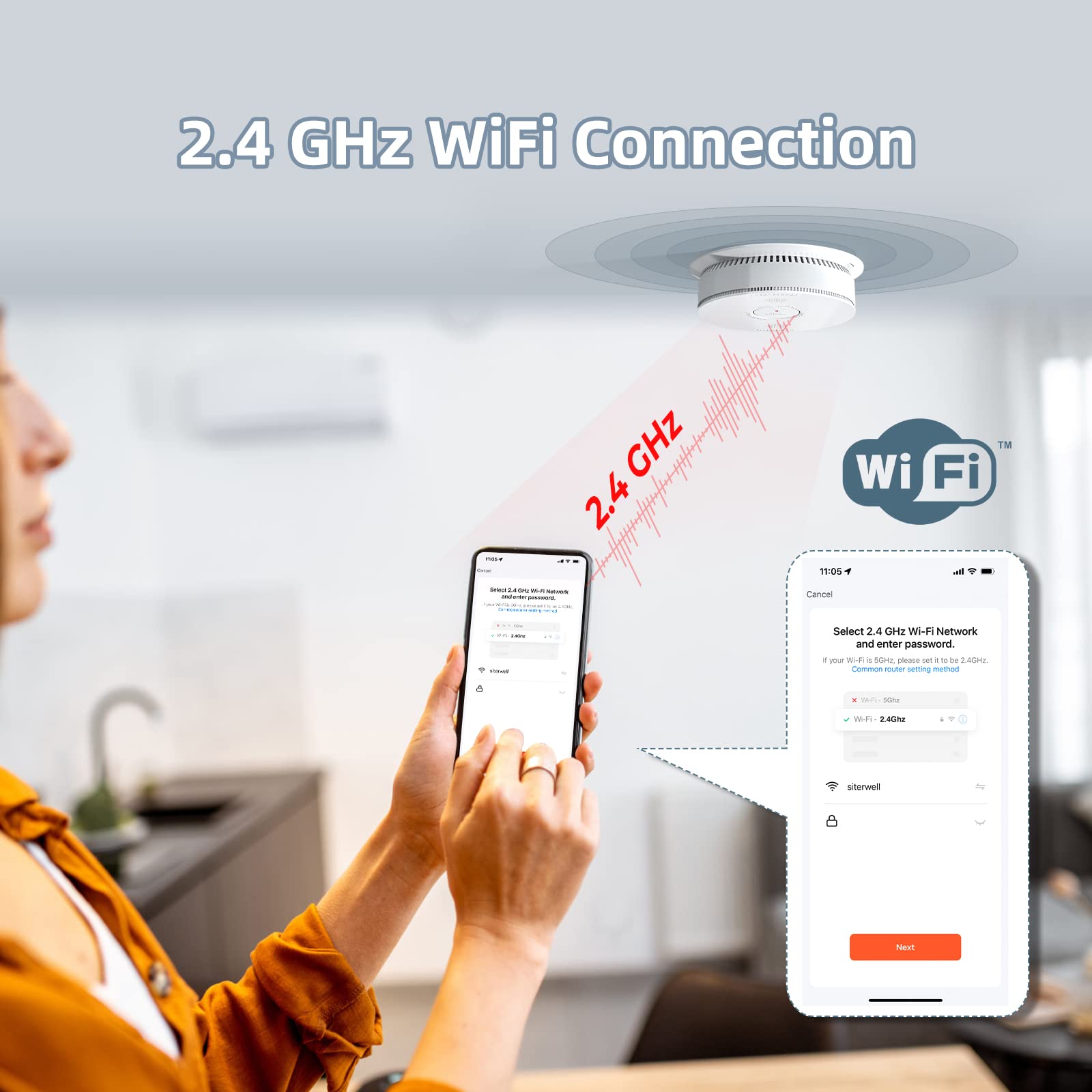 SITERWELL WiFi Smoke Detector, Smart Smoke and Carbon Monoxide Detector with Auto-Check, 2.4G WiFi Smoke Detector and Carbon Monoxide Detector Combo Conforms to UL 217 & UL 2034 Standards, 1 Pack