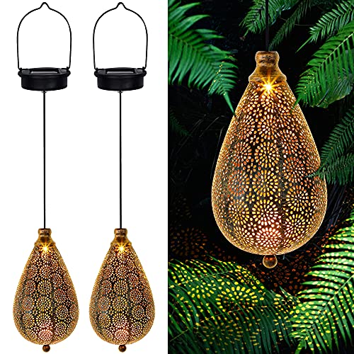 Solar Outdoor Lanterns - Set of 2 Hanging Lights, Fairy Solar Garden Party Decorative Lantern, Hexagon Lamps for Front Porch, Patio and Yard Outdoor Solar Lanterns Waterproof Hanging Garden Decor