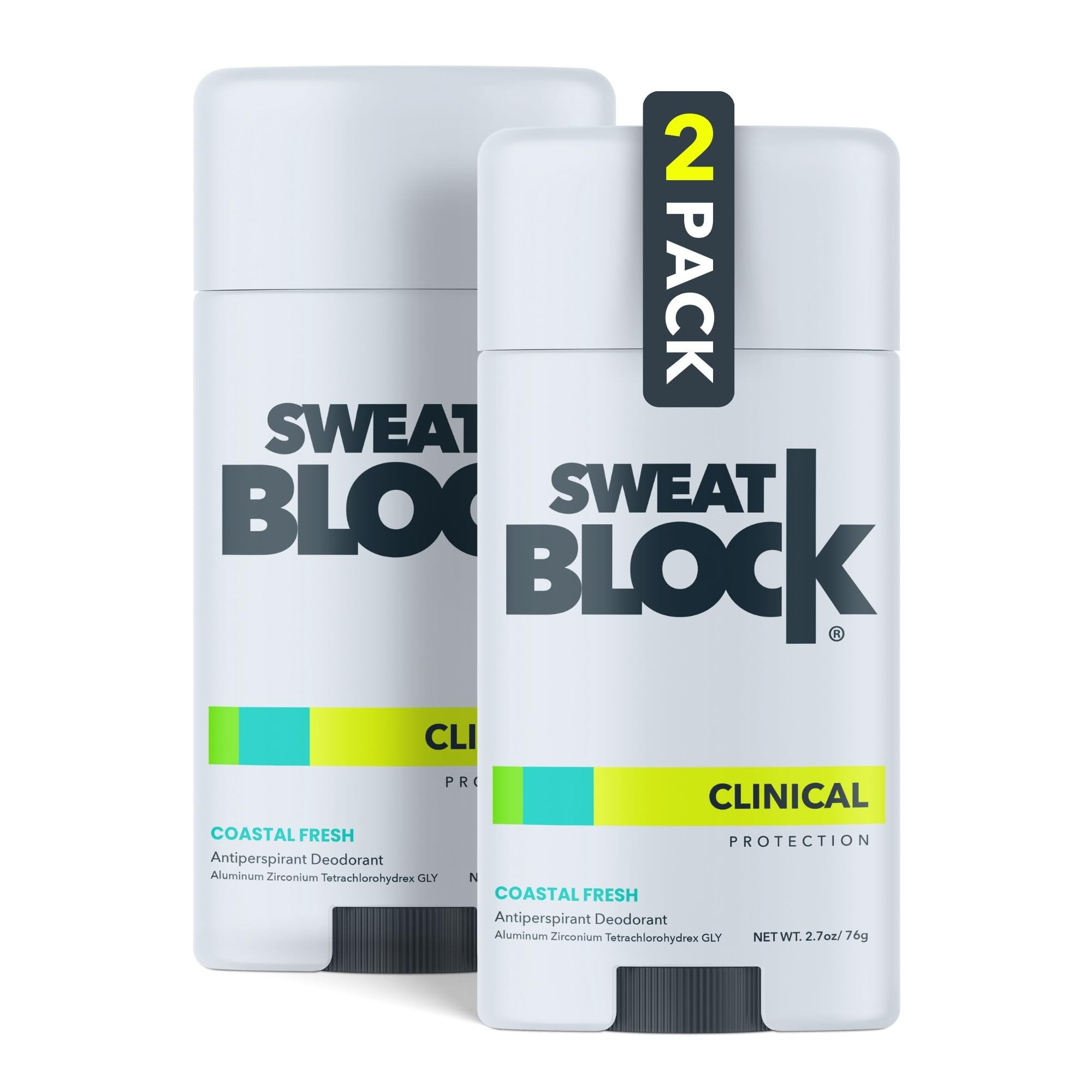 SweatBlock Clinical Strength Deodorant Antiperspirant for Women & Men - 48hr High Degree Sweat Block & Odor Control - Coastal Fresh Scent (2 Pack)