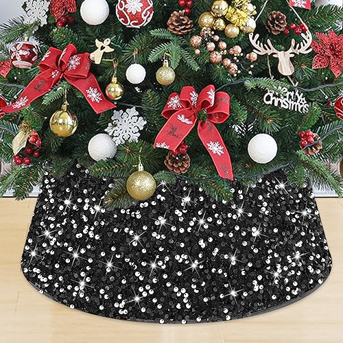 MODFUNS Sequin Christmas Tree Collar Black Glitter Christmas Tree Stand Base 24 Inch Velvet Tree Collar Skirt Sequins Xmas Tree Ring Shimmer Sequin Tree Skirt for Winter Holiday Christmas Tree Basket