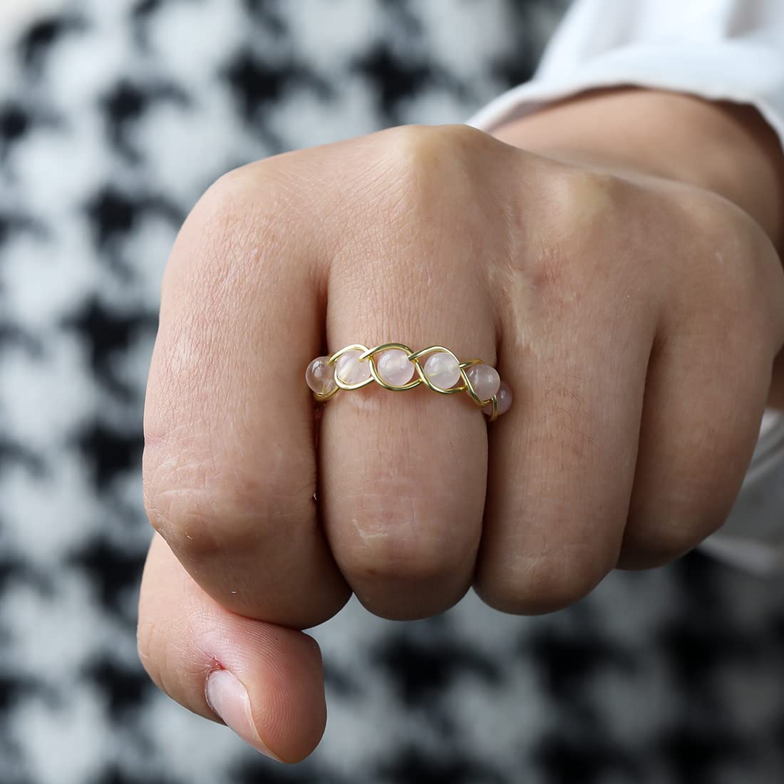 Tsnamer Rose Quartz Crystal Ring, Handmade Wire Wrapped Beaded Braided Rose Quartz Ring, Stone, rose quartz