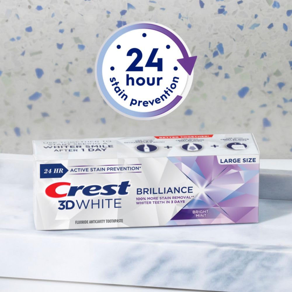 Crest 3D White Brilliance Bright Mint Teeth Whitening Toothpaste, 4.3 oz Pack of 3, 100% More Surface Stain Removal, 24 Hour Active Stain Prevention, Whiter Teeth in 3 Days